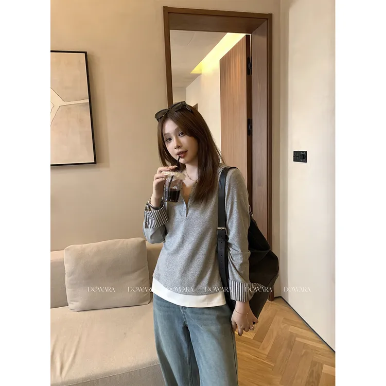 现货大婉酱微胖定制韩系设计感假两件上衣女早秋别致小众T恤2531D