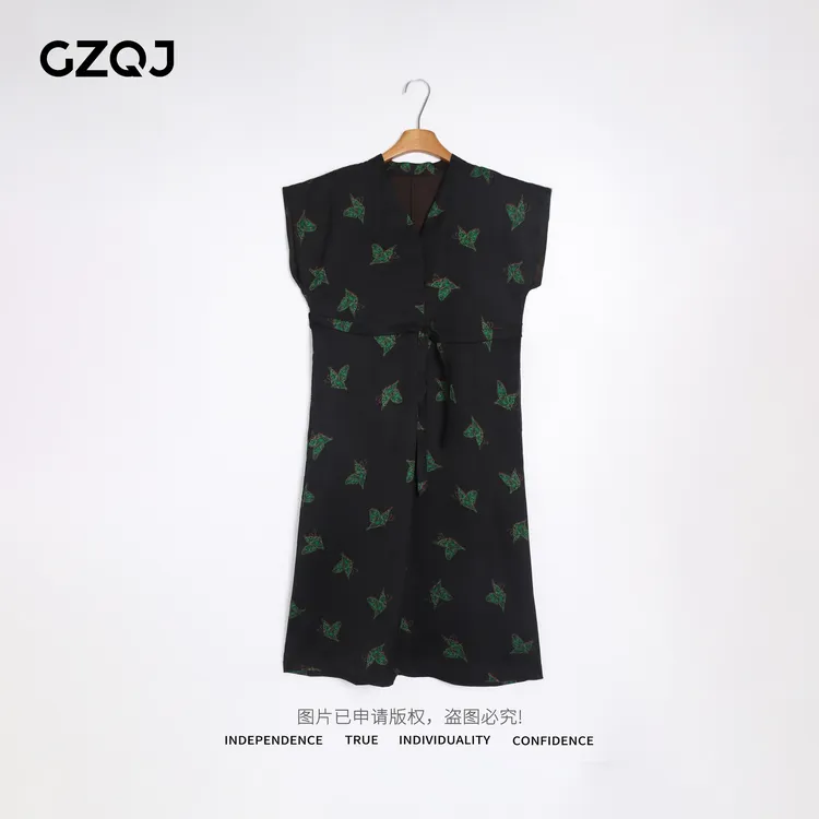 老琴私服【绿蝶裙】人丝香云纱欧若风新中式蝴蝶连衣裙女  1041