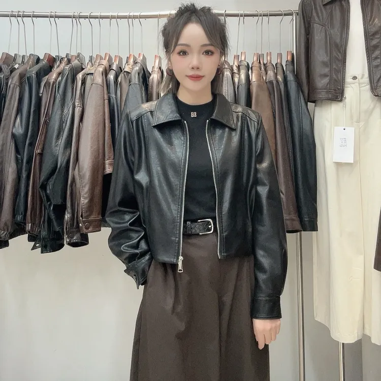 短款机车皮衣外套女2025春秋新款小个子翻领简约时尚休闲夹克8917