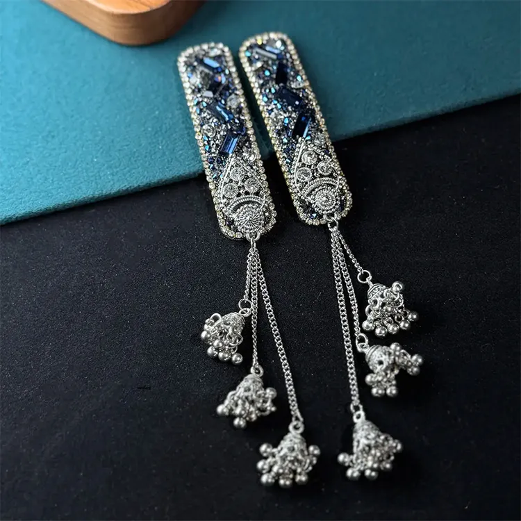 蓝色纯手工铃铛流苏发夹女复古刘海侧边夹民族风发卡气质BB夹头饰