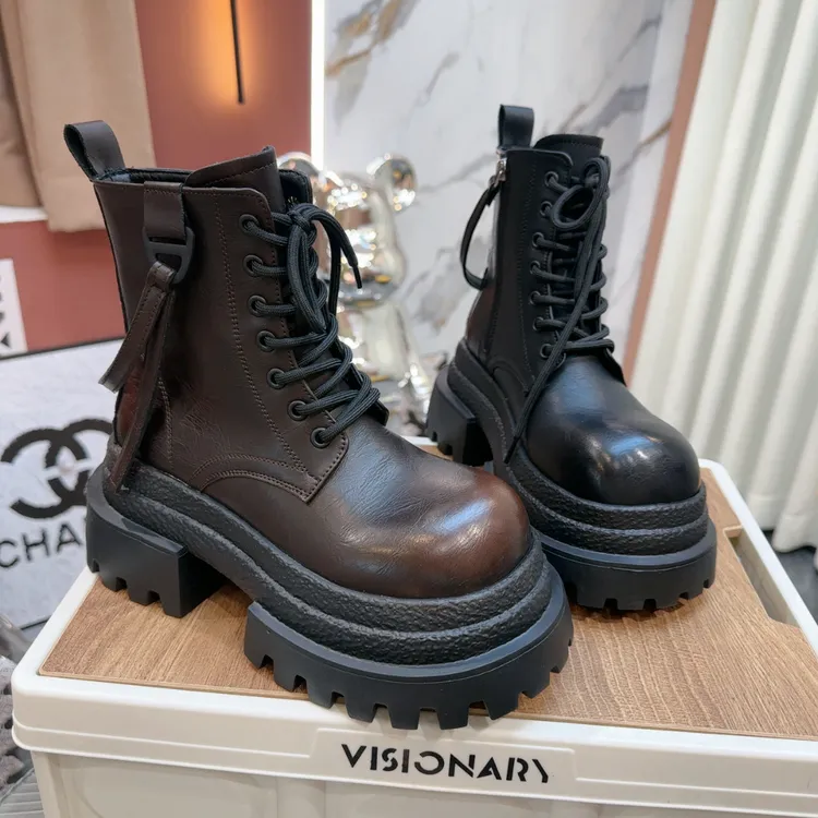 欧货真皮大头擦色系带飘带马丁靴短松糕小个子机车靴女鞋909-5