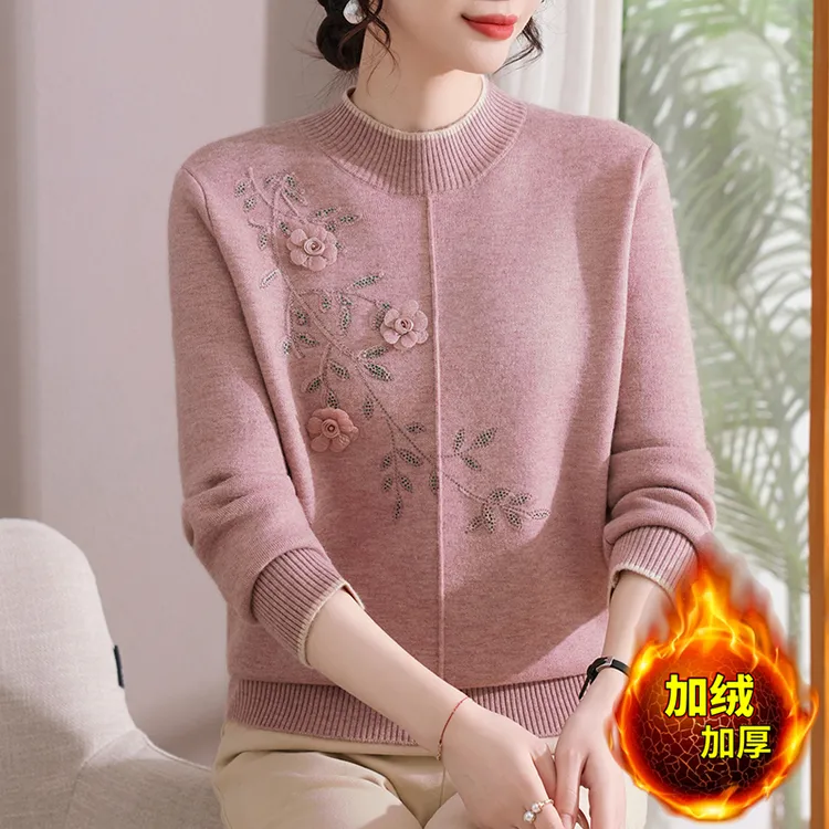 时尚妈妈装新款加绒加厚打底衫洋气中老年女装冬季一体绒保暖毛衣