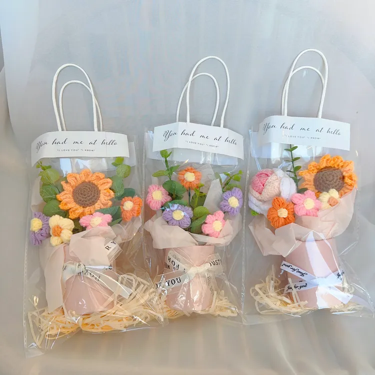 《成品》手工毛线钩织向日葵玫瑰小花抱抱桶