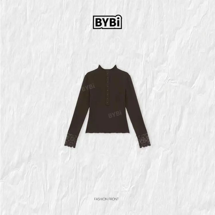 豆子推荐【迷幻】99127冬季立卷领纽扣手袖蕾丝钩花镂空打底上衣