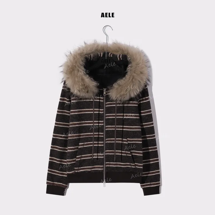 AELE秋冬时尚连帽大毛领错位条纹加绒保暖拉链外套 W855 3797 AD