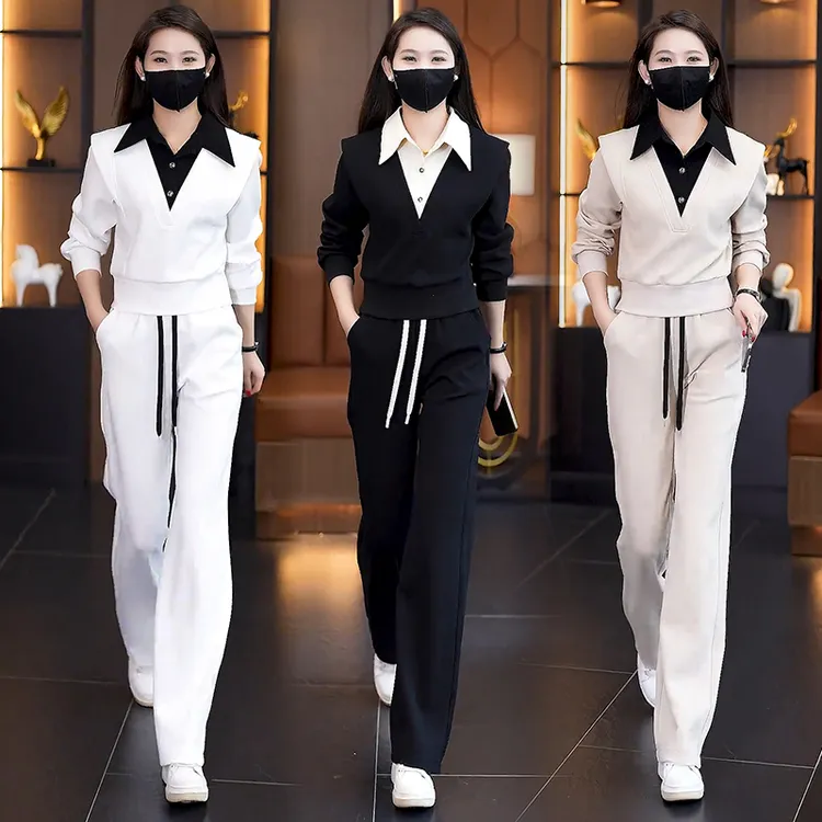 高含棉设计感休闲套装女士2025年春秋新款假两件上衣阔腿裤两件套