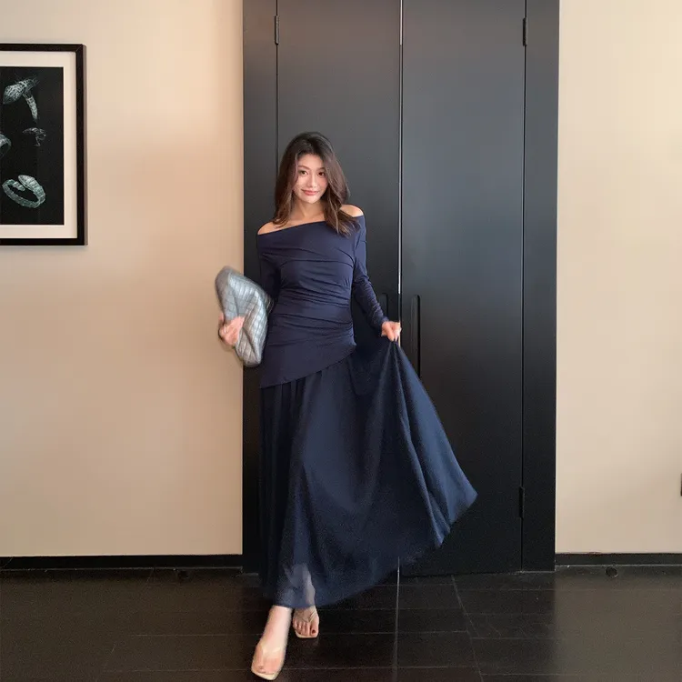 【ALONE SAVOR】龍喜儿雅典娜女神气质简约一字肩修身连衣裙J799