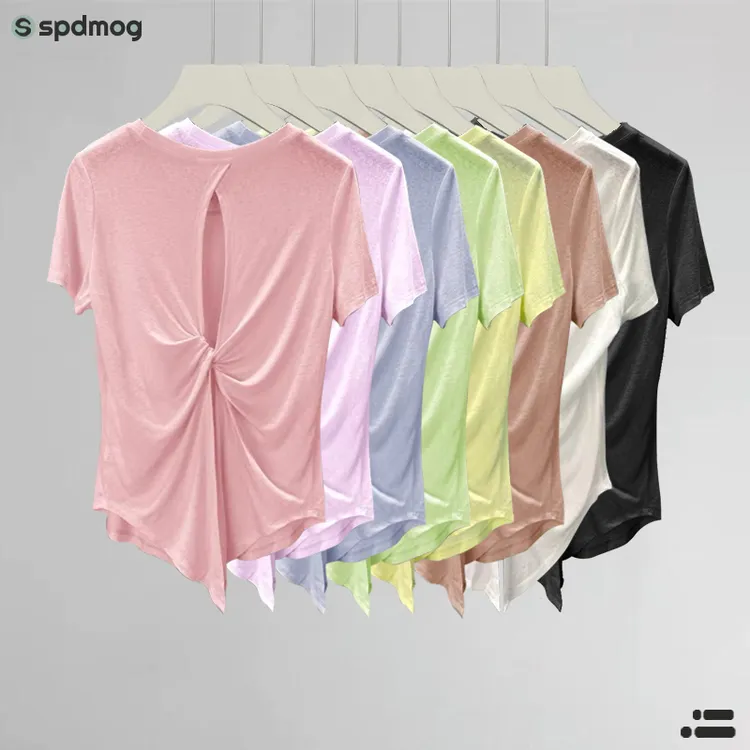 SPDMOG瑜伽服罩衫女新款遮肚健身衣短袖宽松普拉提运动跑步T恤夏