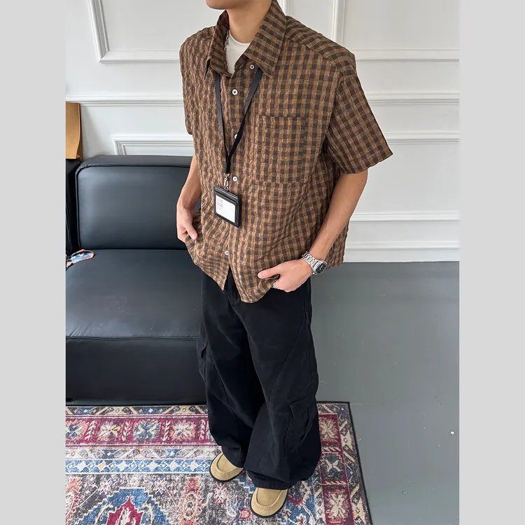 新款夏季格纹泡泡纱老钱风衬衫男女短袖格子衬衣