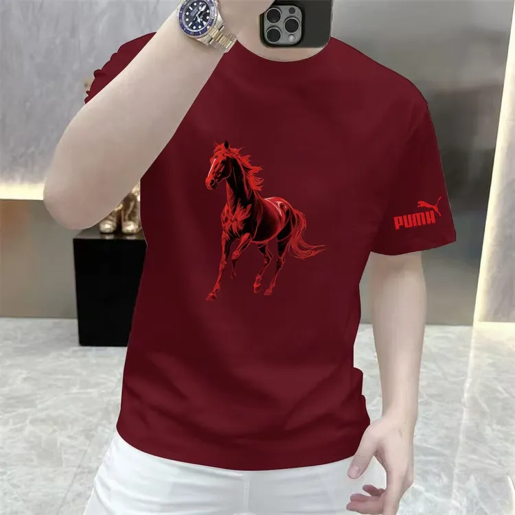 纯棉骏马印花红色短袖T恤男士本命年圆领时尚百搭高级感体恤上衣