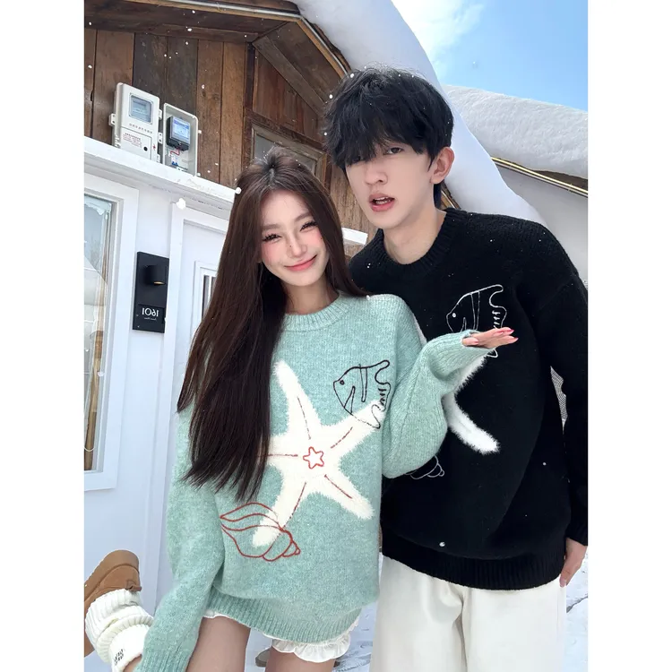 情侣装美式海星圆领套头毛衣女宽松秋冬季慵懒高级感加厚毛针织衫