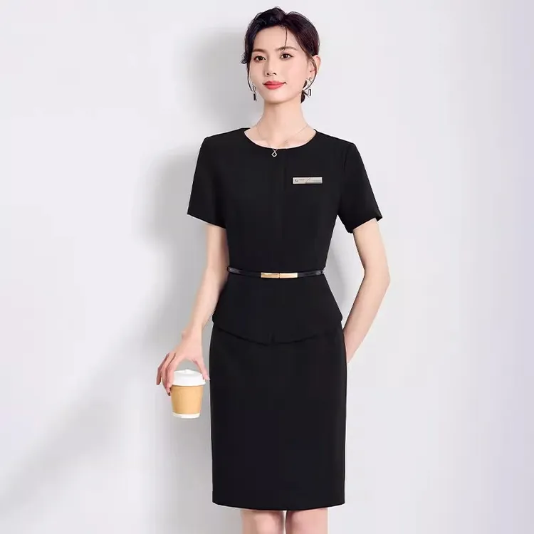 黑色西装连衣裙女2025新款夏季薄款美容院珠宝店前台职业装工作服