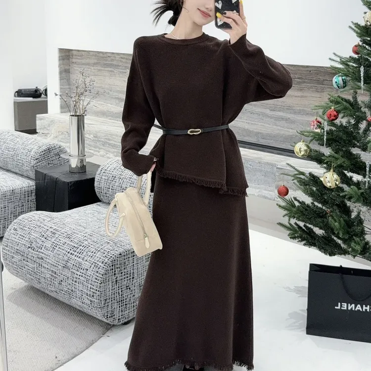 韩系秋冬针织毛衣上衣半身裙套装高级感气质大方显瘦配腰带