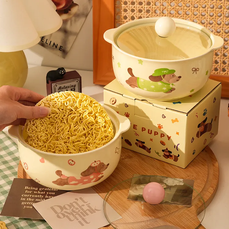 【带盖泡面碗】腊肠狗陶瓷泡面碗带餐具学生宿舍耐高温防烫双耳
