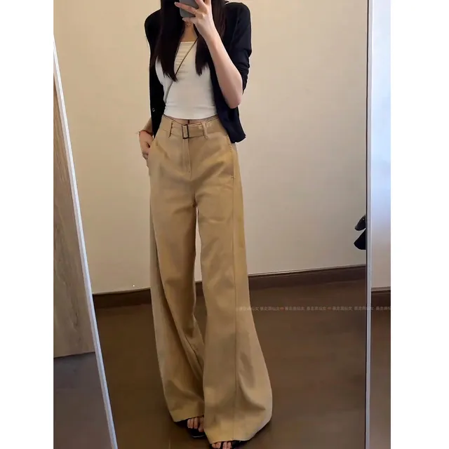 高个子加长卡其色弯刀牛仔裤女夏直筒裤显瘦拖地裤休闲 宽裤子