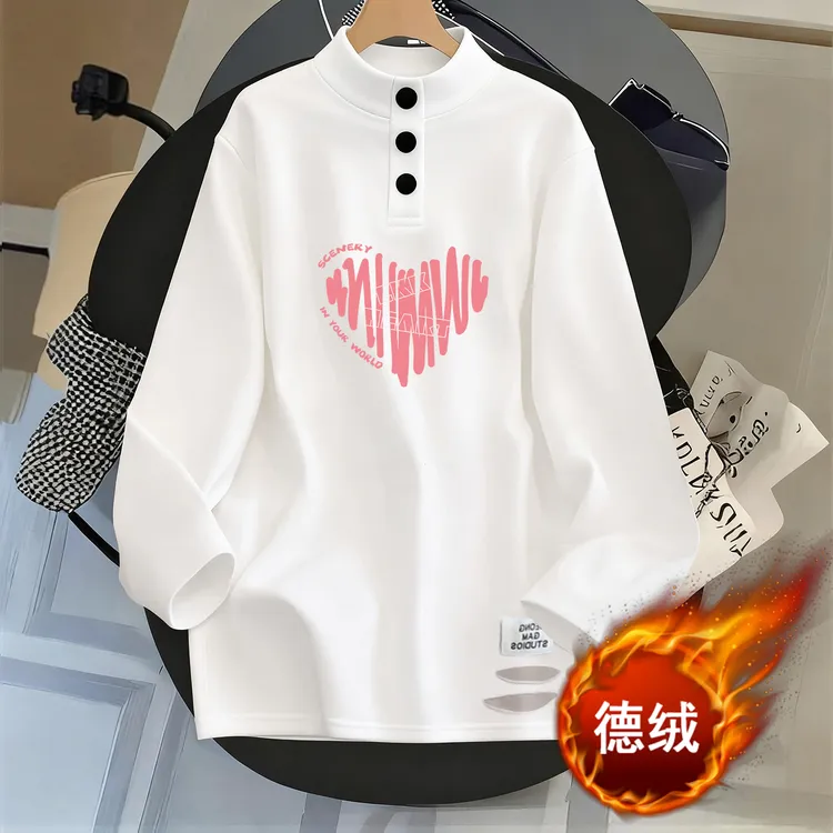 内搭德绒保暖打底衫简约时尚印花T恤中长款半高领破洞下摆上衣