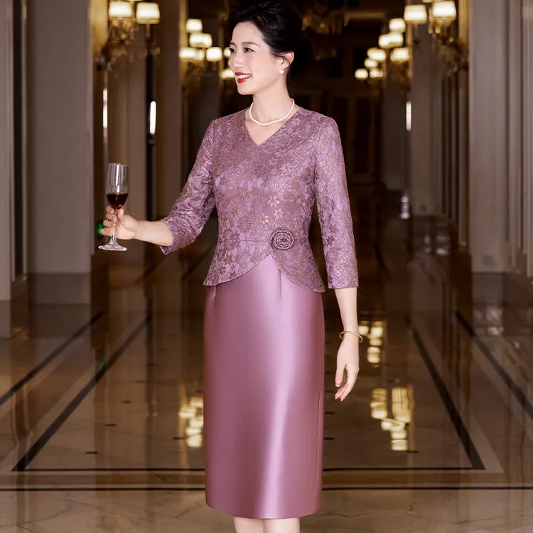 高端喜婆婆婚宴礼服小个子假两件大码喜妈妈婚宴装2025新款连衣裙