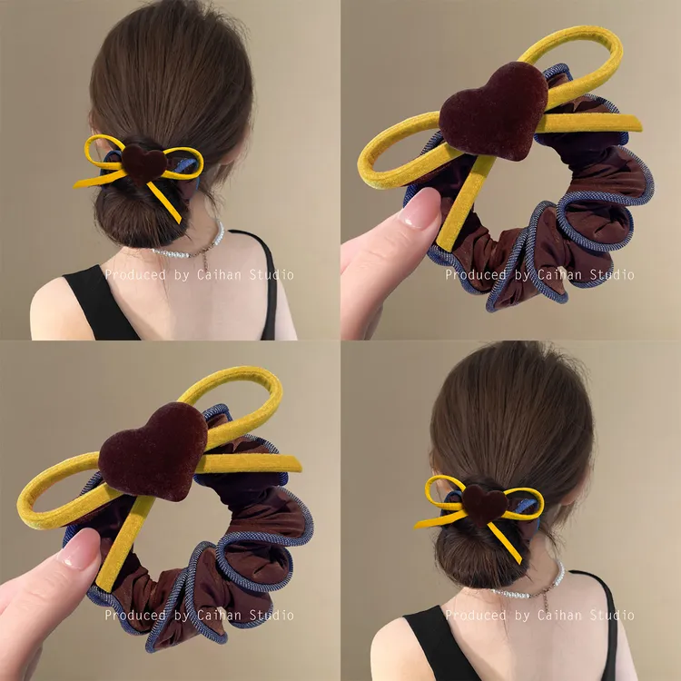 韩系慵懒风丝绒爱心面膜发圈新款扎发头绳小肠圈棕色扎马尾头绳