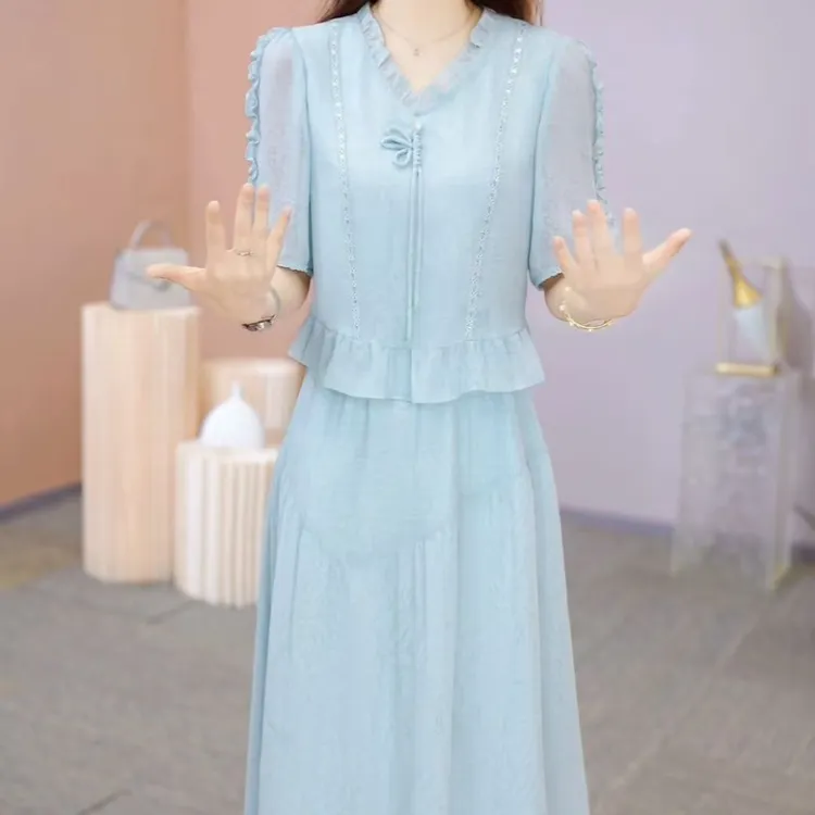 夏季短袖连衣裙2025新款时尚轻奢减龄假两件显瘦遮肚长裙子3188#