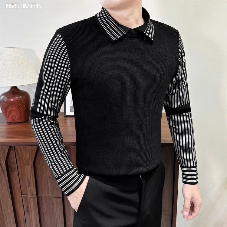痞帅条纹高级感拼接针织衫男士假两件内搭潮流衬衫领休闲打底衫
