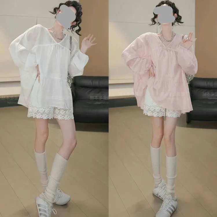 2025夏季设计感拼接防晒上衣罩衫百搭蕾丝短裤休闲套装女小众女装