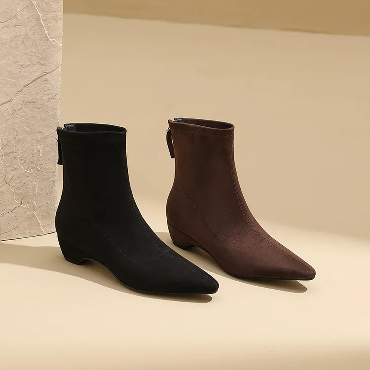 AMEINOR2025秋冬季真皮小方尖头后拉链时尚百搭坡跟瘦瘦靴女短靴商品图