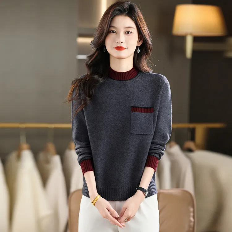 半高领拼色百搭套头毛衣女秋冬打底衫宽松妈妈针织衫洋气上衣