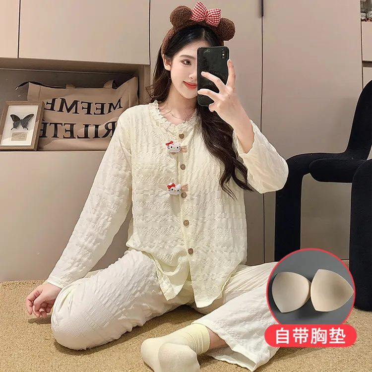 秋冬季长袖长裤睡衣带胸垫大码卡通蕾丝KT猫女款家居服开衫云朵棉