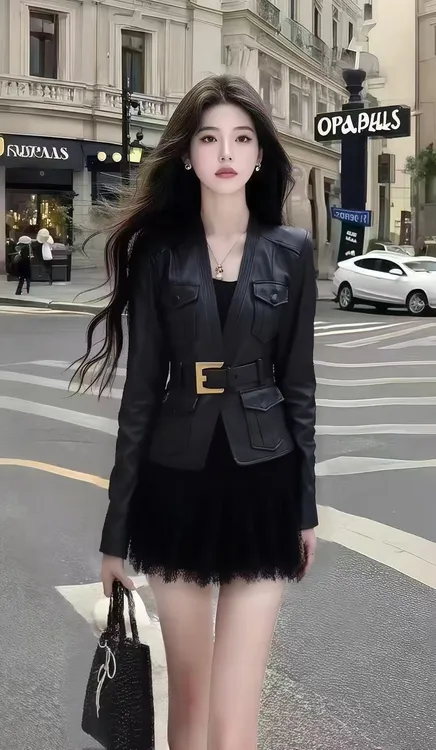 简约休闲风黑色长袖收腰V领上衣+黑色高腰百搭半身裙女显瘦两件套