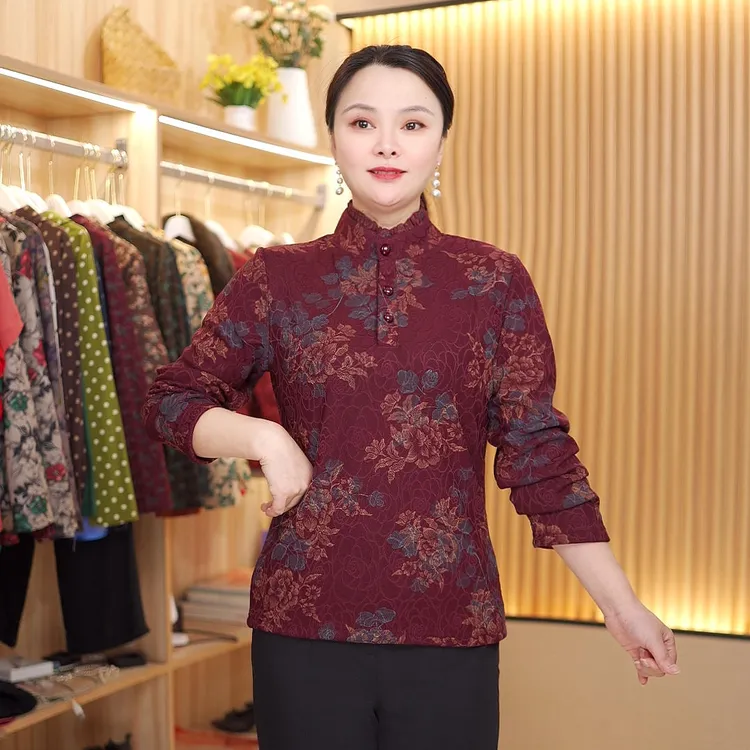 2025冬季新款加绒加厚提花女荷叶领装舒适宽松长袖保暖上衣妈妈装