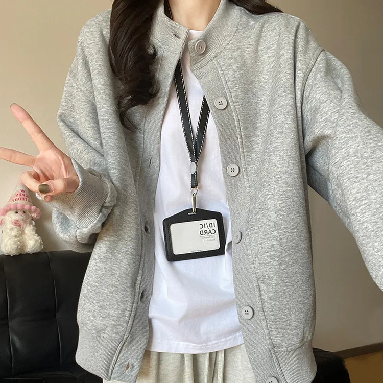 春秋季新款灰色长袖卫衣开衫外套女设计感小众休闲棒球服短款上衣