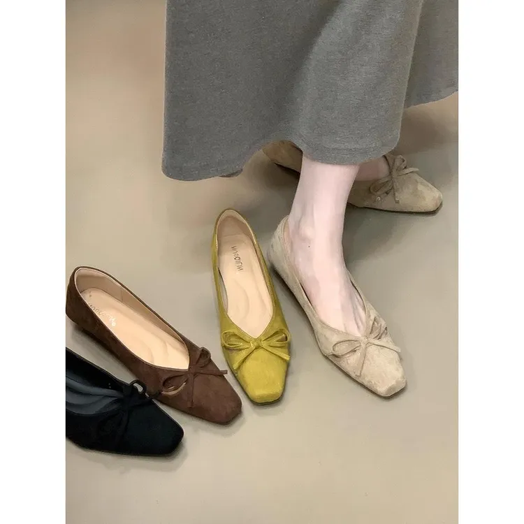 啄木鸟法式绝美2025新款绒面通勤工作女鞋蝴蝶结浅口单鞋女配裙子