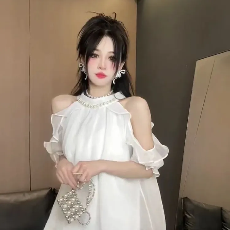 Mm法式温柔风气质钉珠圆领挂脖短袖露肩衬衫女夏季新款设计百