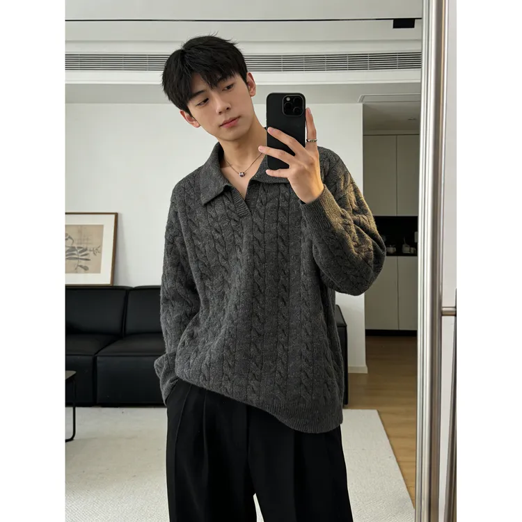 2025秋冬季新款麻花V领宽松休闲保暖毛衣男韩版潮流帅气针织衫男