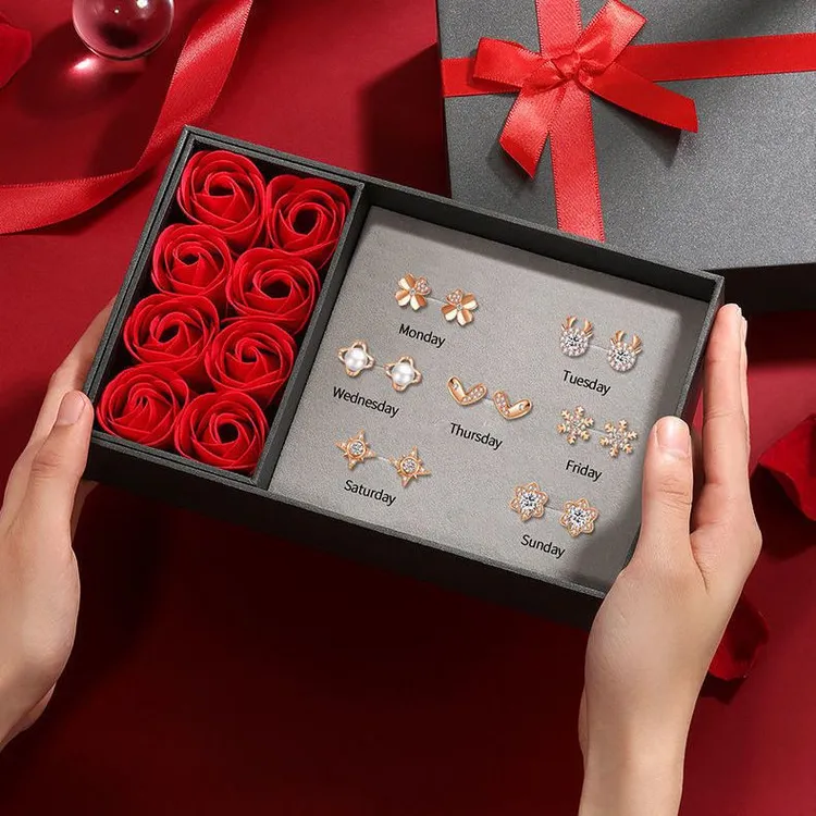 足银合成锆石耳饰 一周耳钉礼盒套装节日送老婆生日圣诞节礼物