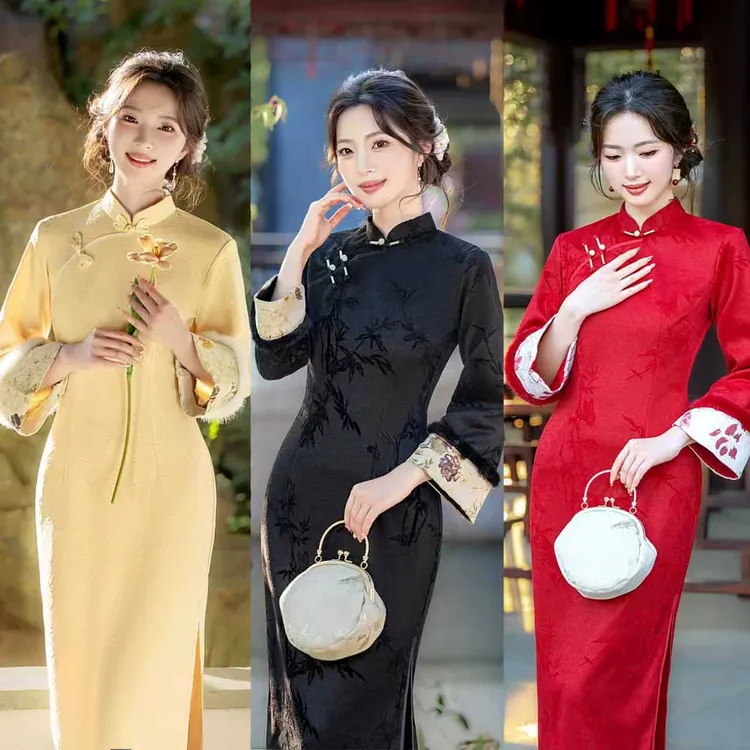 红色拜年服日常冬季加绒加厚保暖长袖新中式旗袍国风冬款连衣裙