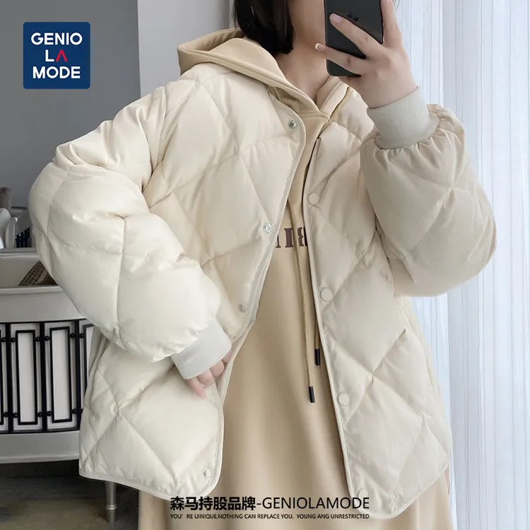GENIOLAMODE短款无领轻薄款冬季羽绒服女菱形格加厚内胆显瘦外套