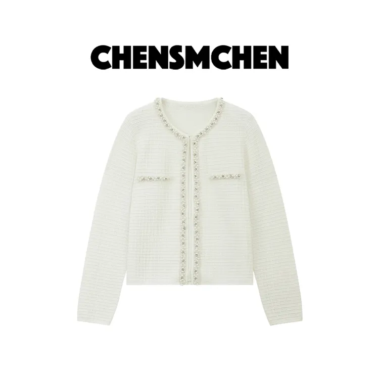 CHENSMCHEN 小香风钉珠圆领长袖针织开衫女精致优雅上衣CSZ6110MX