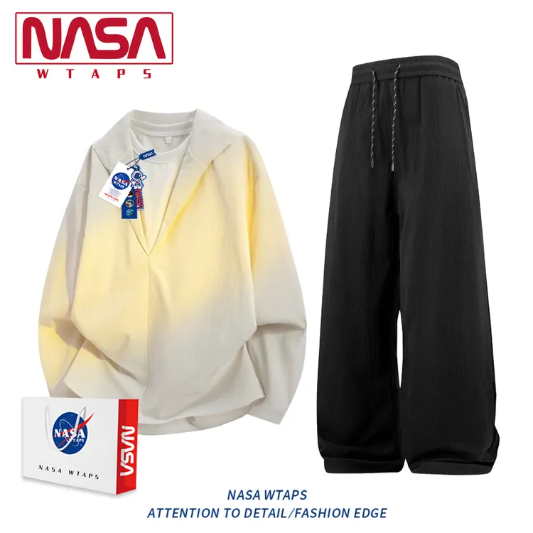 NASA WTAPS假两件衬衫运动套装男款春秋新款宽松卫衣休闲裤两件套