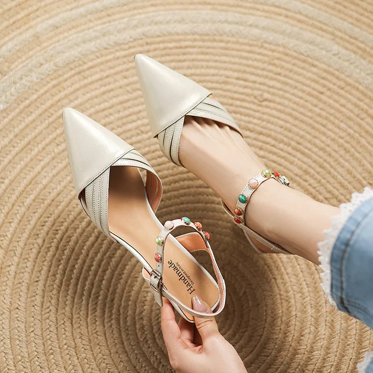 法式浅口高跟鞋女粗跟配裙子尖头小众鳗鱼纹珍珠中空单鞋包头凉鞋