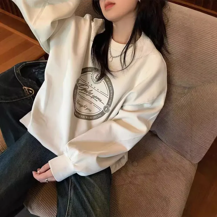 原宿BF加绒加厚套头圆领卫衣女学生盐系宽松上衣秋冬季外套慵懒风