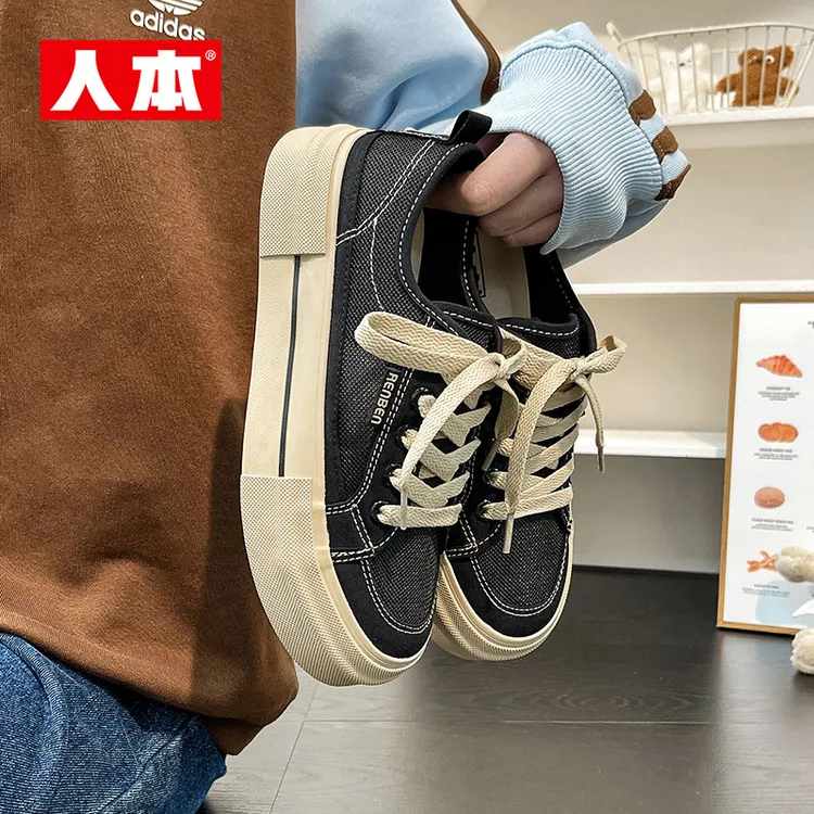 人本2025新款夏季低帮春季硫化系带百搭帆布鞋黑色女鞋学生板鞋