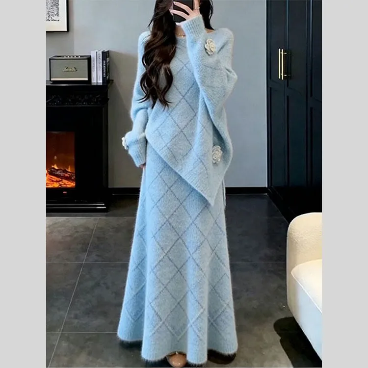 冬季搭配一整套高级感超好看独特宽松时尚慵懒软糯毛衣半裙两件套