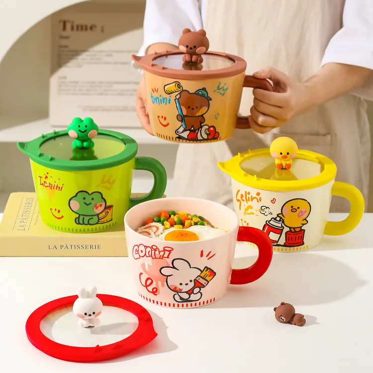 川岛屋LINE FRIENDS泡面碗带盖高颜值微波炉专用陶瓷带手柄大容量