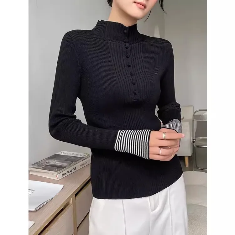 半高领拼接条纹针织打底衫女秋冬内搭外穿设计感毛衣2024新款上衣