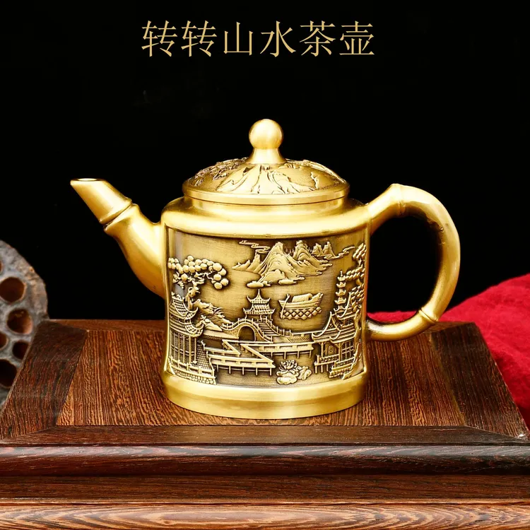 黄铜高款山水大茶壶工艺品手把壶办公室茶道具铜器摆件