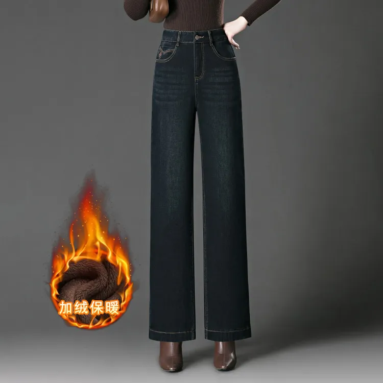 气质加绒加厚高腰秋冬直筒裤中年妈妈新款窄版阔腿牛仔裤长裤女