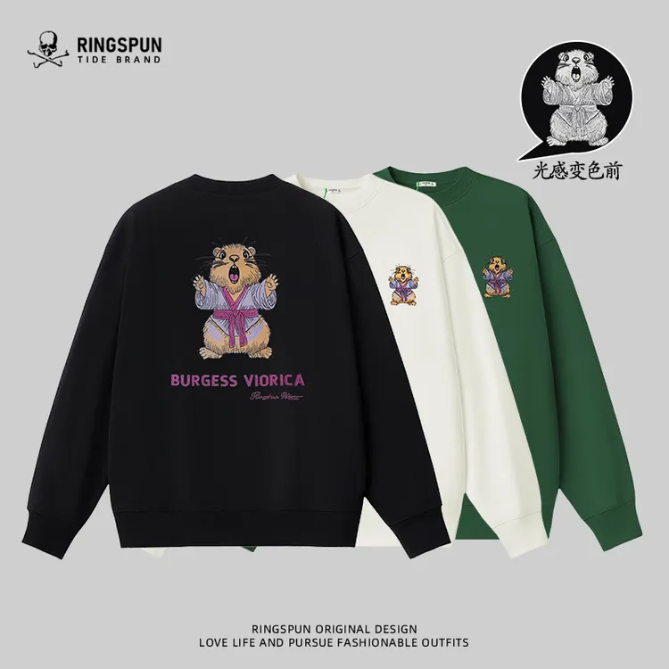 RINGSPUN【变色土拨鼠】男女同款刺绣卫衣新款潮牌圆领宽松型上衣男