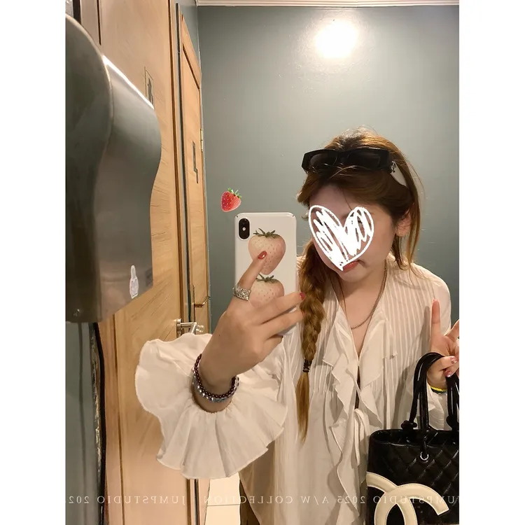 V领荷叶边褶皱长袖甜美小衫上衣女春秋2025新款休闲宽松百搭衬衫