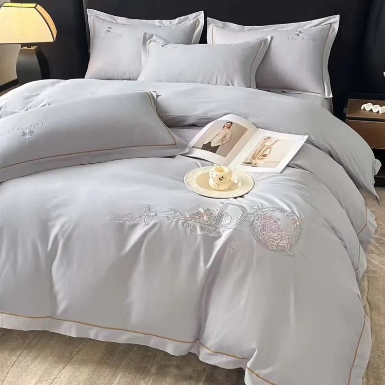 纯棉竹纤维四件套轻奢纯色刺绣四件套高端全棉被套床单四件套